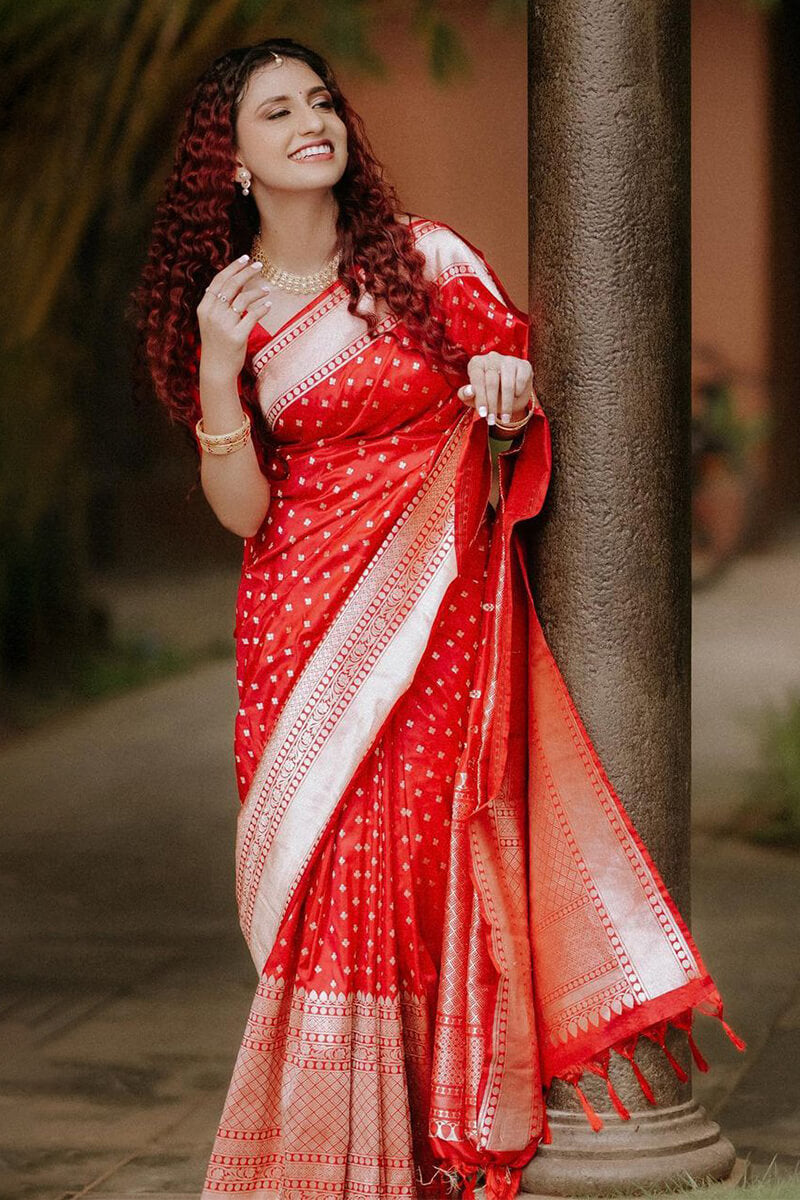 Panoply Red Soft Silk Saree With Girlish Blouse Piece