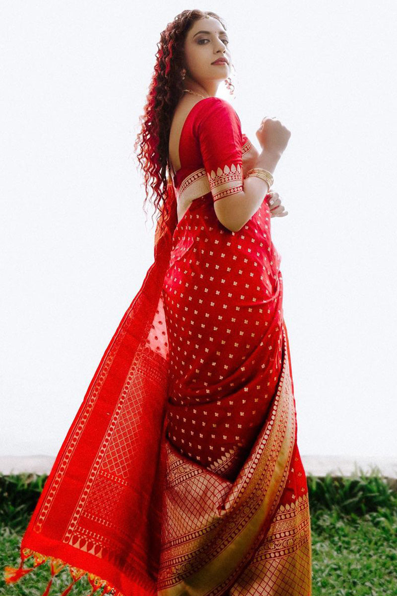 Panoply Red Soft Silk Saree With Girlish Blouse Piece