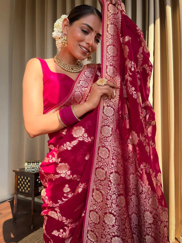 Ethereal Dark Pink Soft Silk Saree With Resonant Blouse Piece