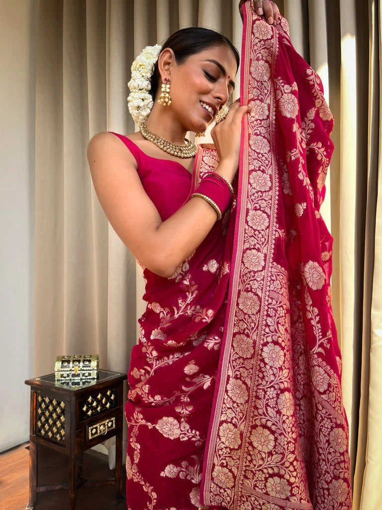 Ethereal Dark Pink Soft Silk Saree With Resonant Blouse Piece