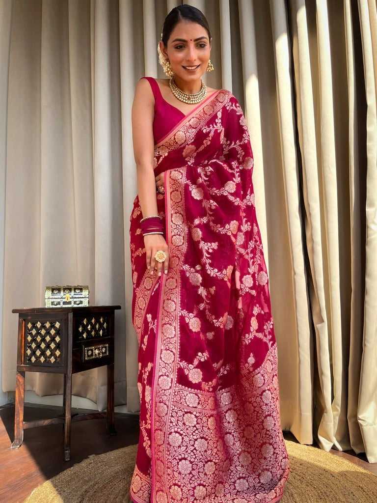 Ethereal Dark Pink Soft Silk Saree With Resonant Blouse Piece