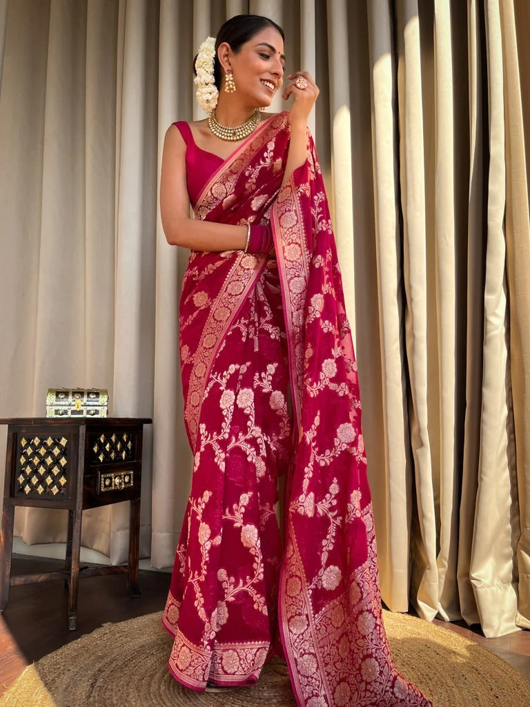 Ethereal Dark Pink Soft Silk Saree With Resonant Blouse Piece