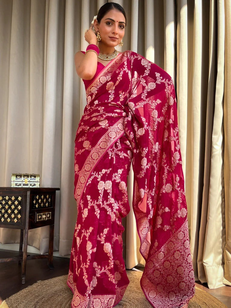 Ethereal Dark Pink Soft Silk Saree With Resonant Blouse Piece