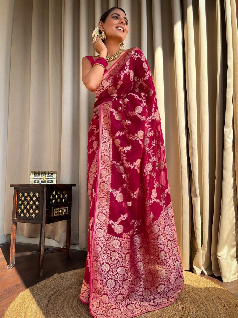 Ethereal Dark Pink Soft Silk Saree With Resonant Blouse Piece