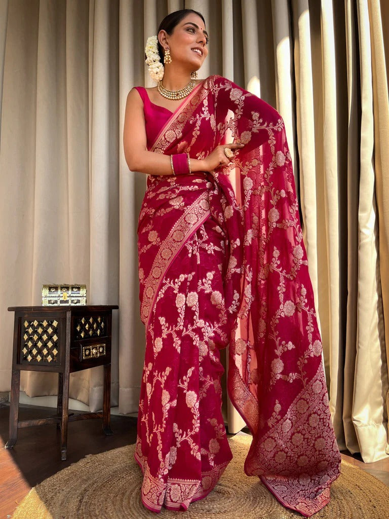 Ethereal Dark Pink Soft Silk Saree With Resonant Blouse Piece