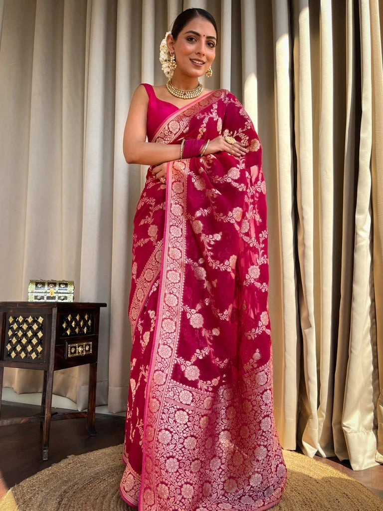 Ethereal Dark Pink Soft Silk Saree With Resonant Blouse Piece