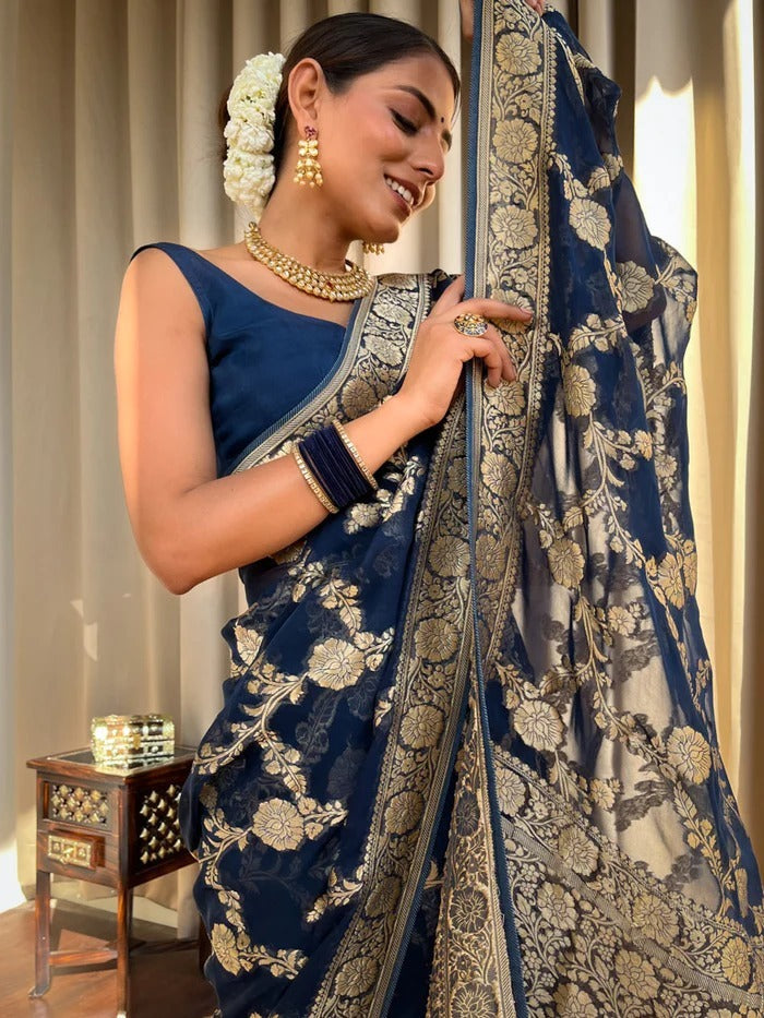 Luxuriant Navy Blue Soft Silk Saree With Classic Blouse Piece