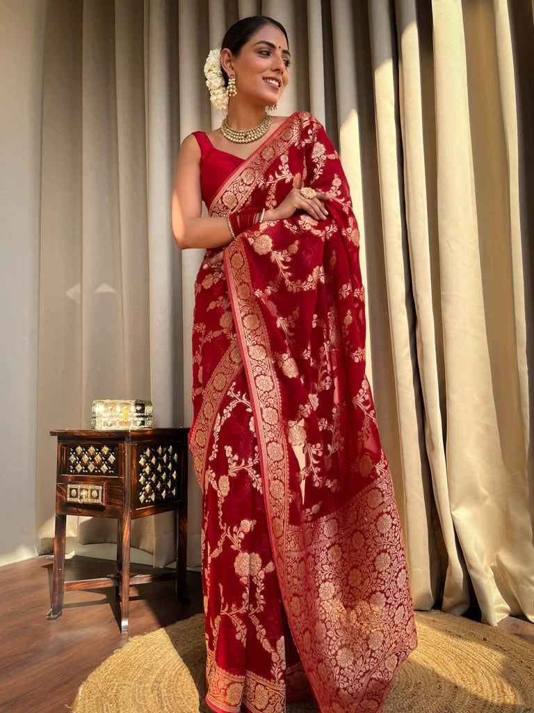 Skinny Red Soft Silk Saree With Imaginative Blouse Piece