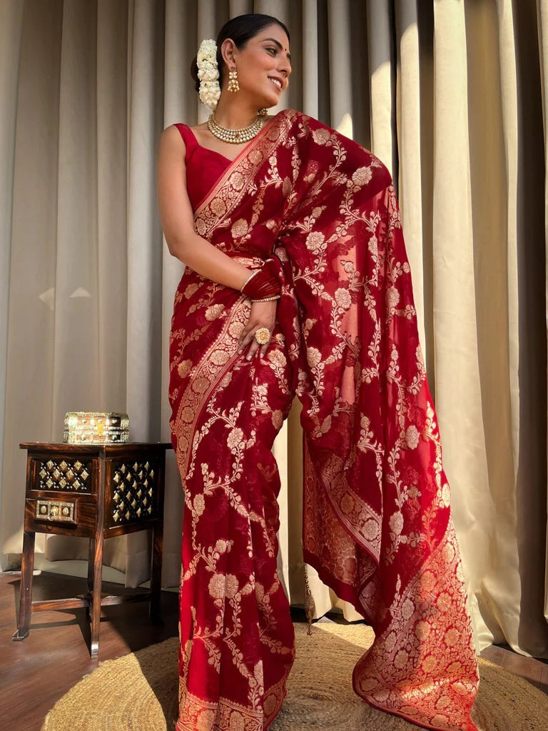 Skinny Red Soft Silk Saree With Imaginative Blouse Piece