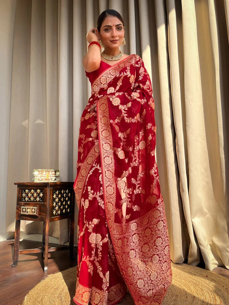 Skinny Red Soft Silk Saree With Imaginative Blouse Piece