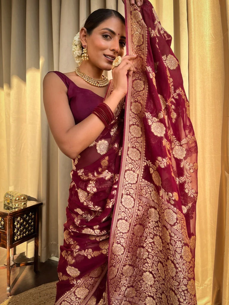 Nemesis Wine Soft Silk Saree With Exemplary Blouse Piece