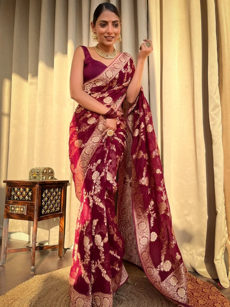 Nemesis Wine Soft Silk Saree With Exemplary Blouse Piece