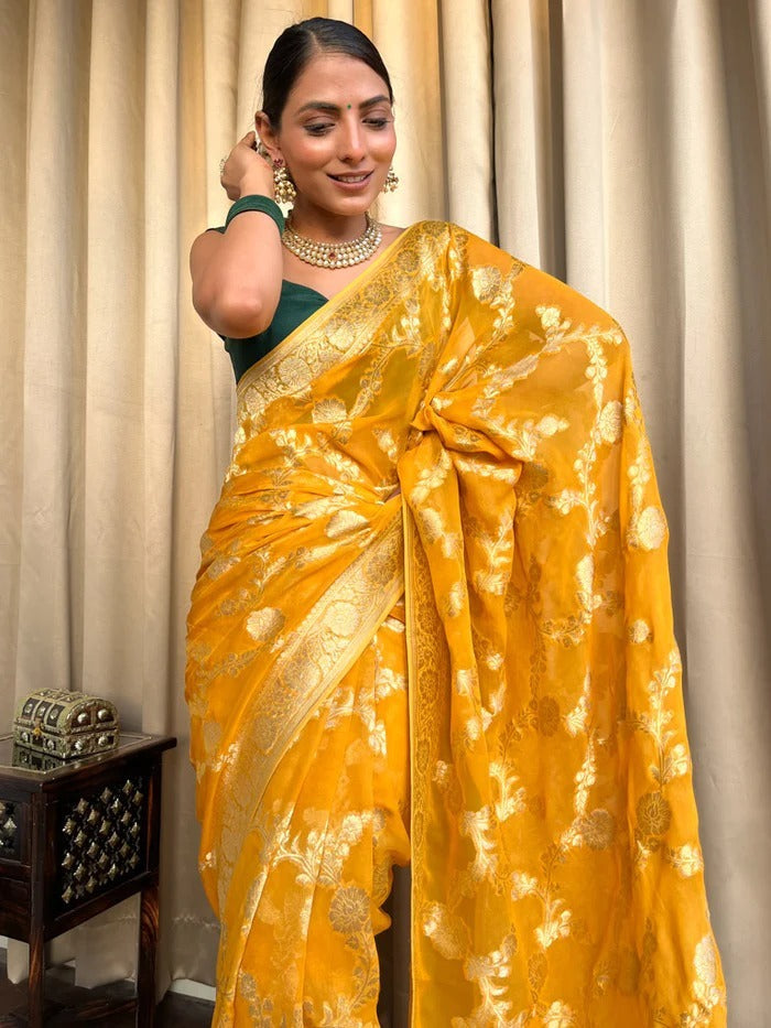 Sizzling Yellow Soft Silk Saree With Beautiful Blouse Piece