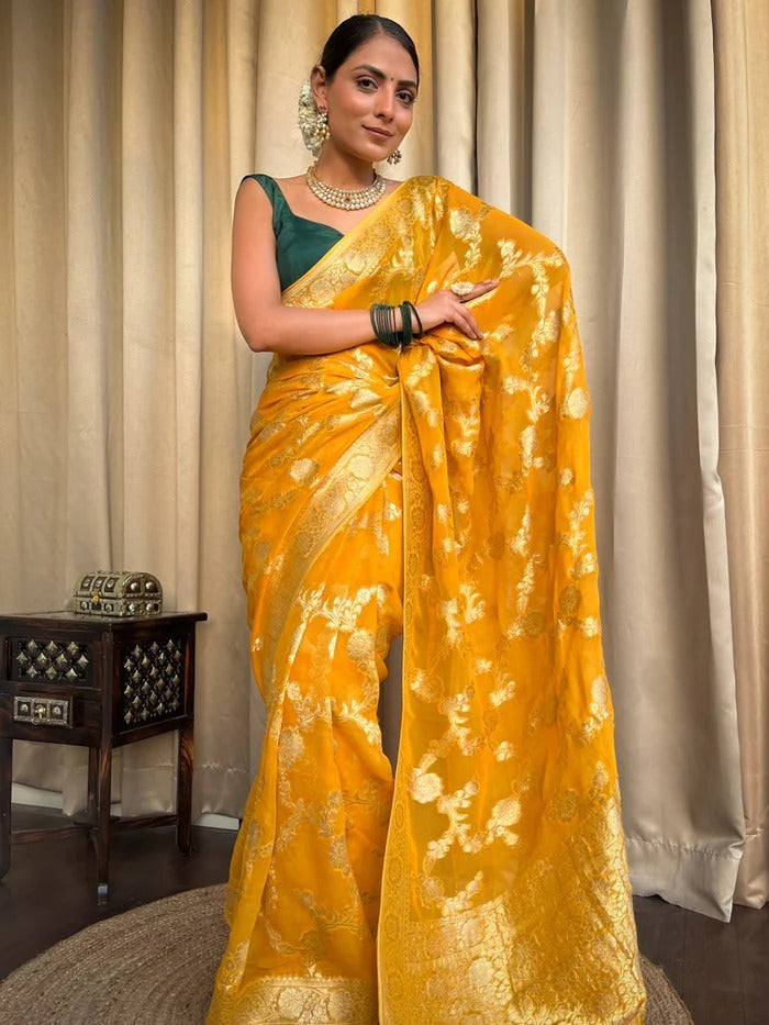 Sizzling Yellow Soft Silk Saree With Beautiful Blouse Piece