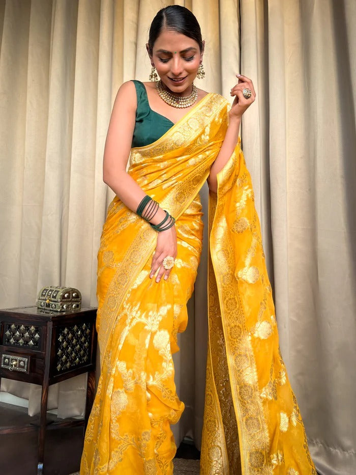 Sizzling Yellow Soft Silk Saree With Beautiful Blouse Piece