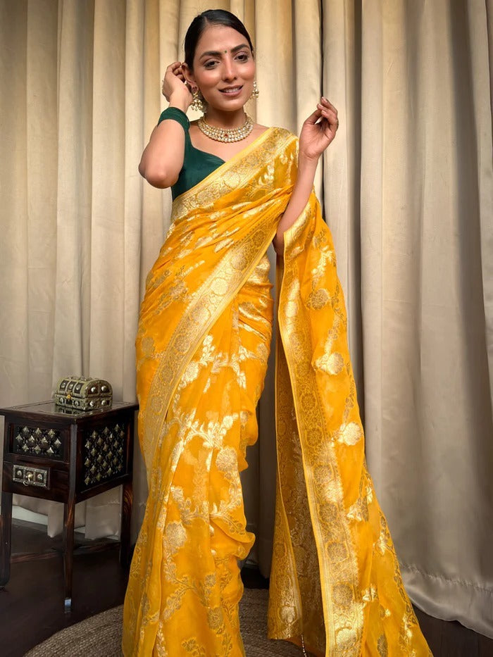 Sizzling Yellow Soft Silk Saree With Beautiful Blouse Piece