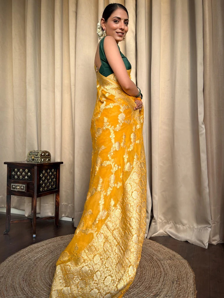 Sizzling Yellow Soft Silk Saree With Beautiful Blouse Piece