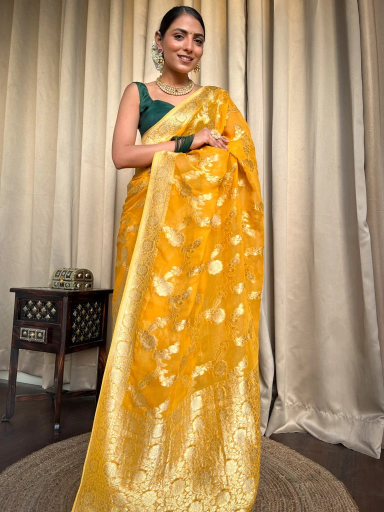 Sizzling Yellow Soft Silk Saree With Beautiful Blouse Piece