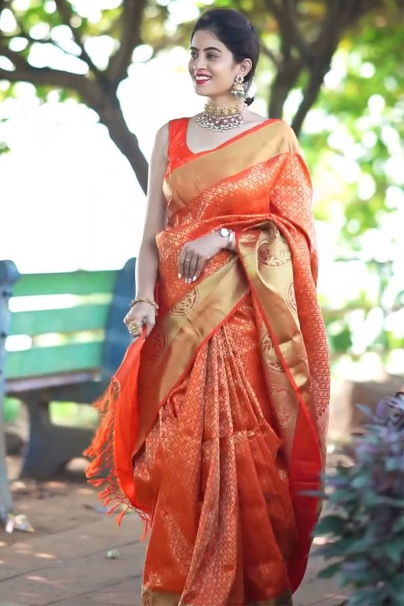 Girlish Orange Soft Silk Saree With Verdant Blouse Piece