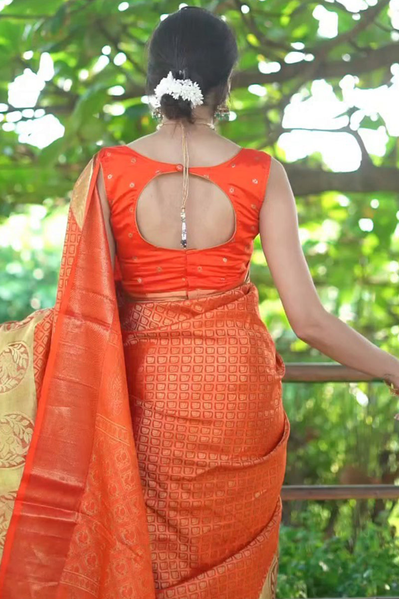 Girlish Orange Soft Silk Saree With Verdant Blouse Piece