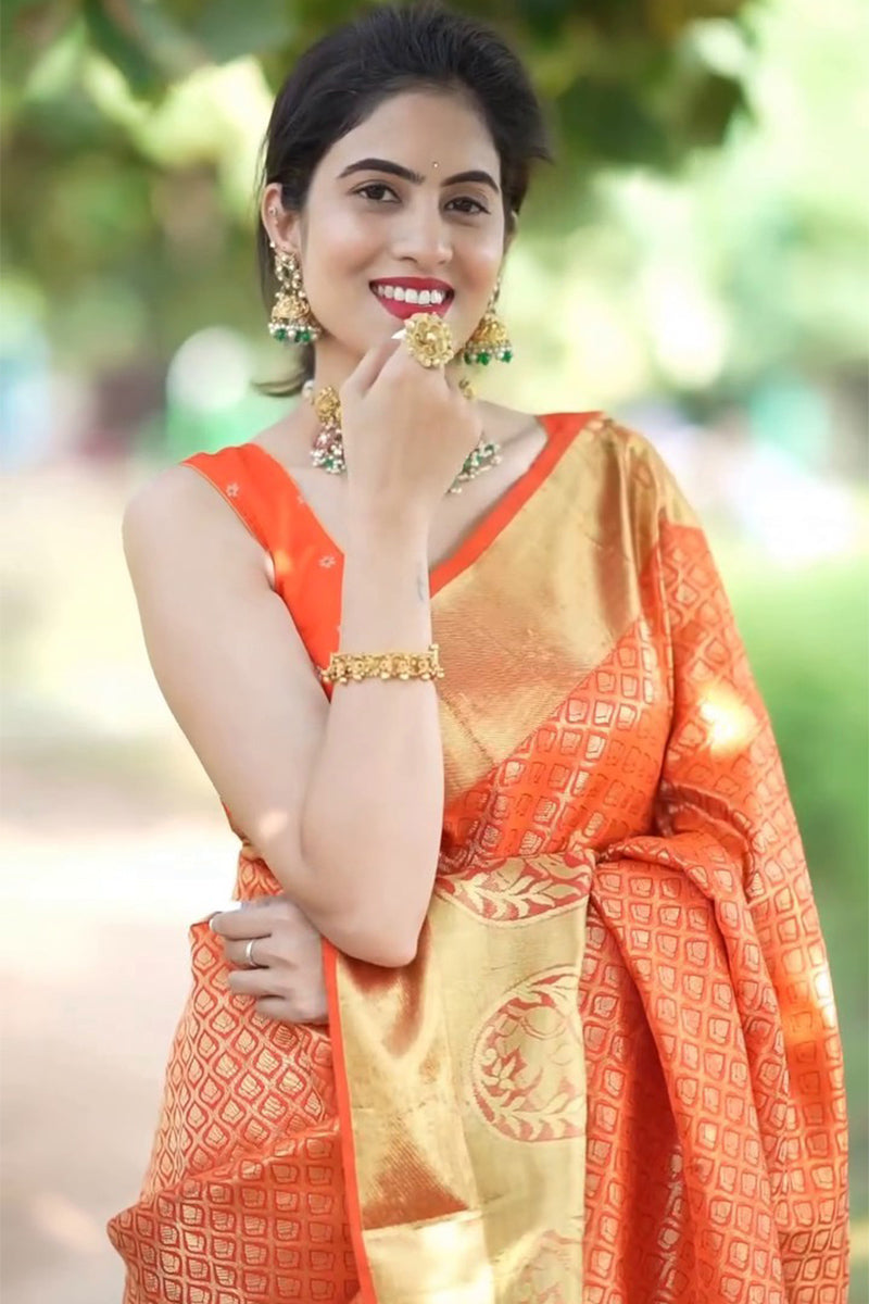 Girlish Orange Soft Silk Saree With Verdant Blouse Piece