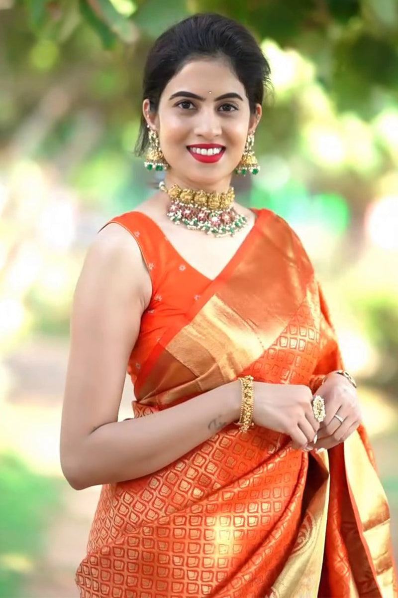 Girlish Orange Soft Silk Saree With Verdant Blouse Piece