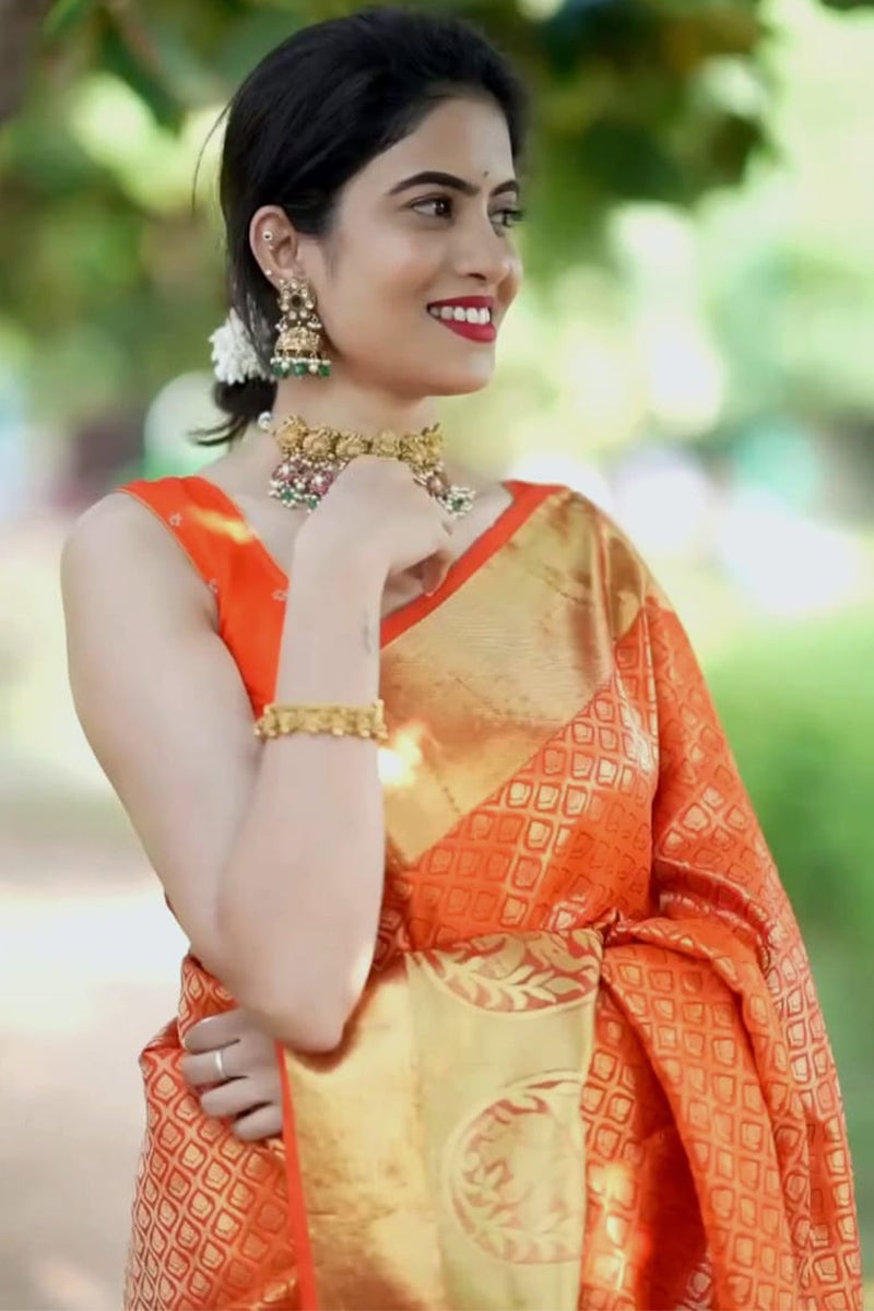 Girlish Orange Soft Silk Saree With Verdant Blouse Piece