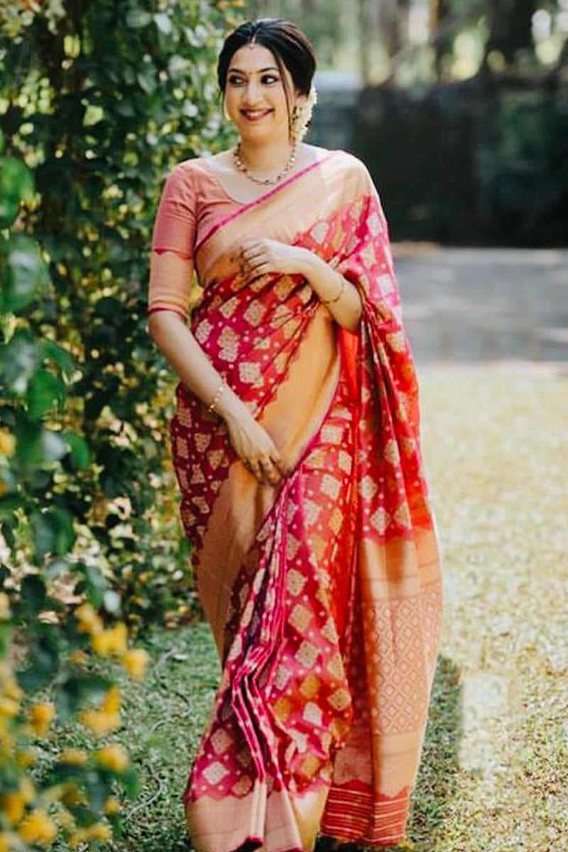 Divine Red Soft Silk Saree With Desiring Blouse Piece