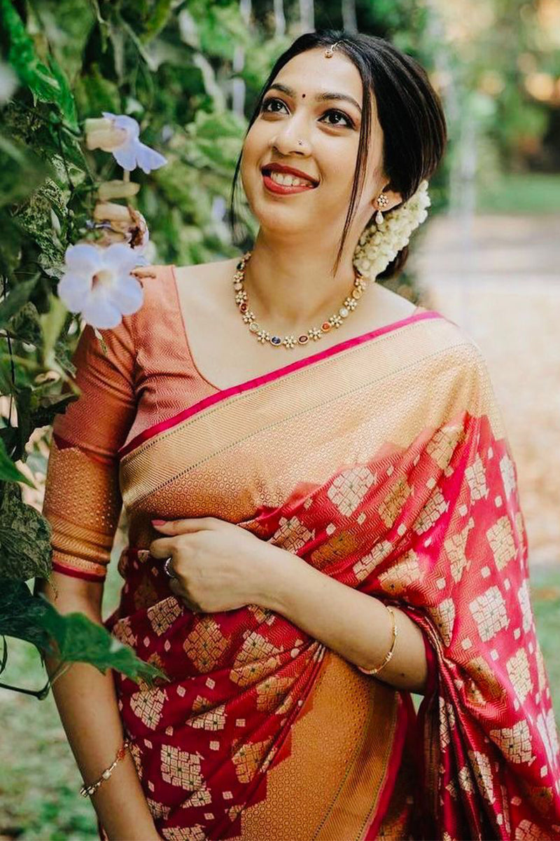 Divine Red Soft Silk Saree With Desiring Blouse Piece