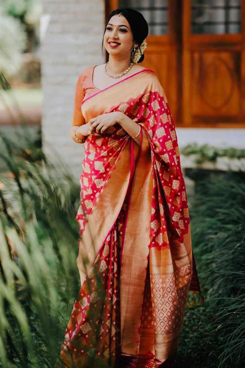 Divine Red Soft Silk Saree With Desiring Blouse Piece