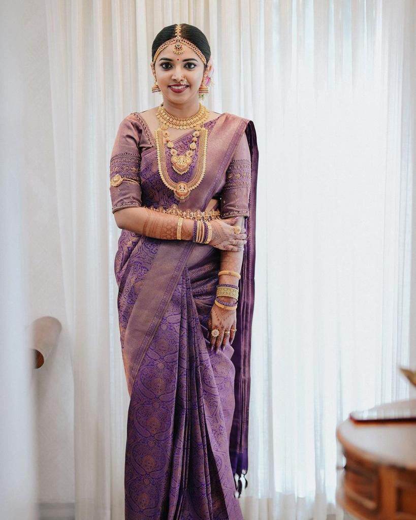 Jazzy Purple Soft Silk Saree With Allure Blouse Piece