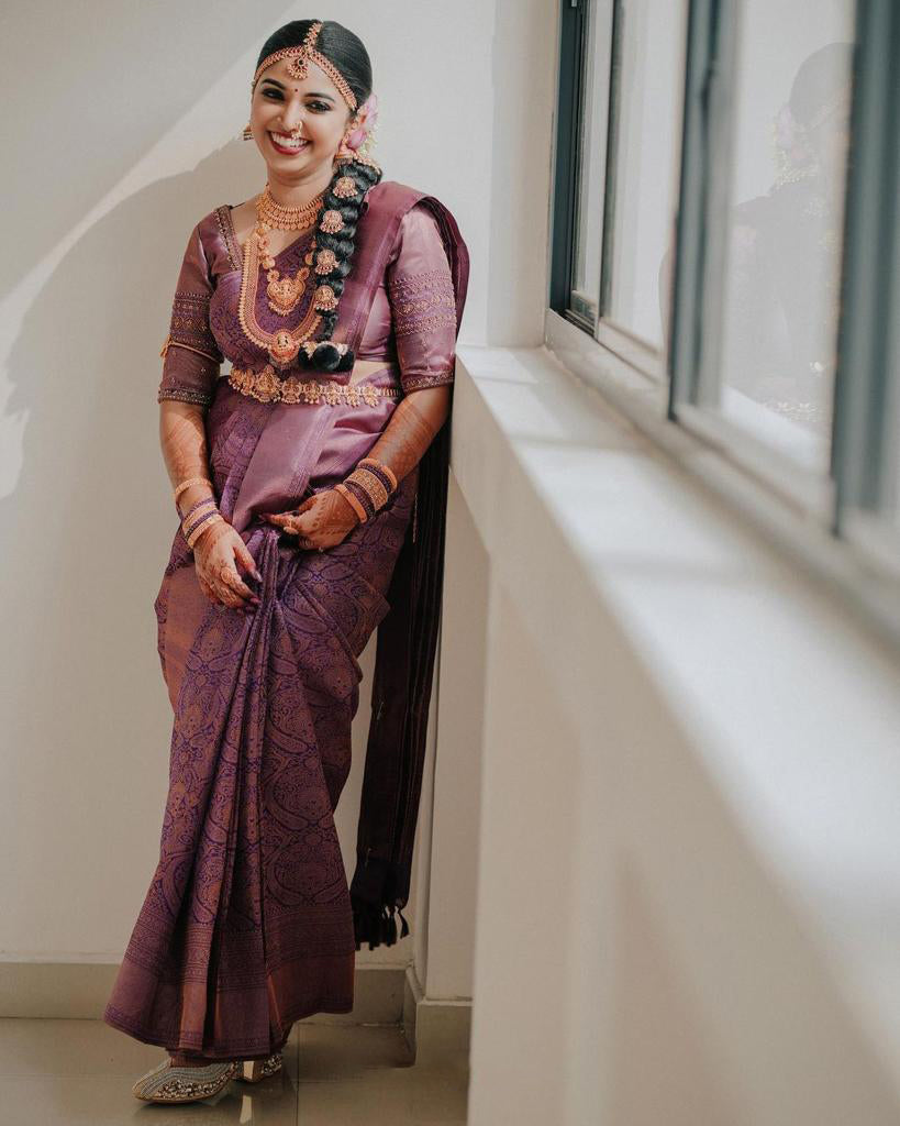 Jazzy Purple Soft Silk Saree With Allure Blouse Piece