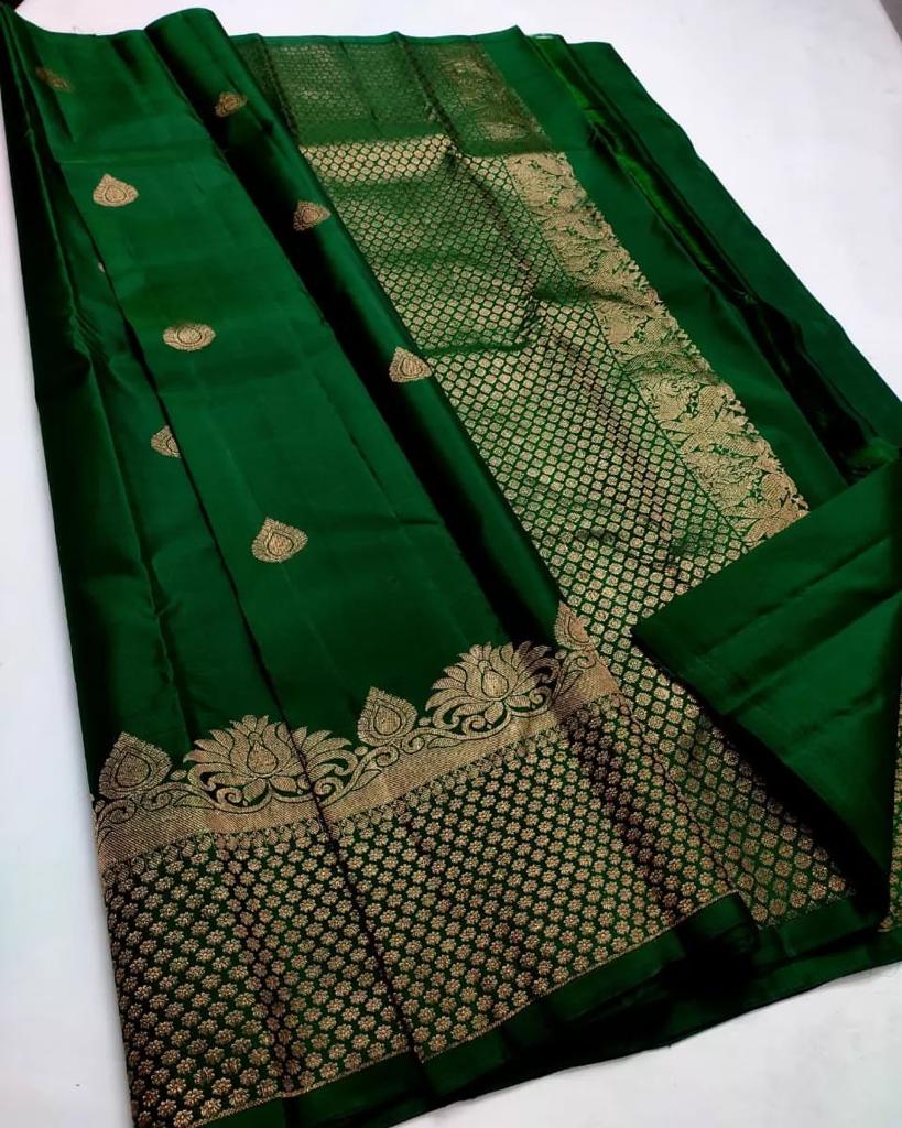 Captivating Dark Green Soft Silk Saree With Ebullience Blouse Piece