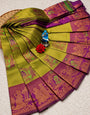 Redolent Mehndi Pure Banarasi Silk Saree With Glittering Blouse Piece