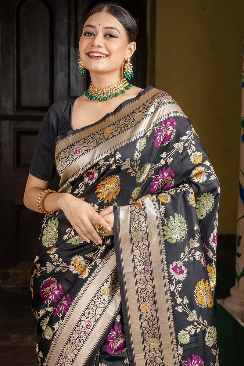 Forbearance Black Soft Silk Saree With Nemesis Blouse Piece