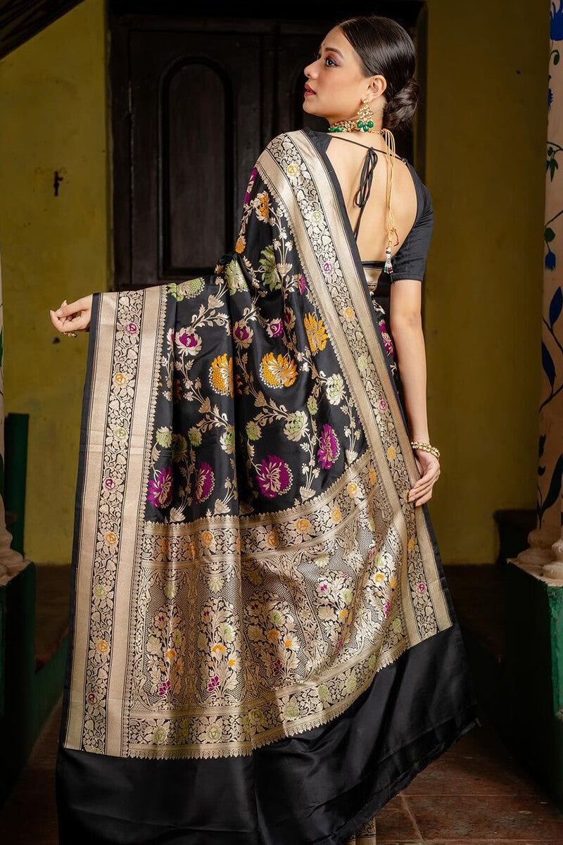 Forbearance Black Soft Silk Saree With Nemesis Blouse Piece