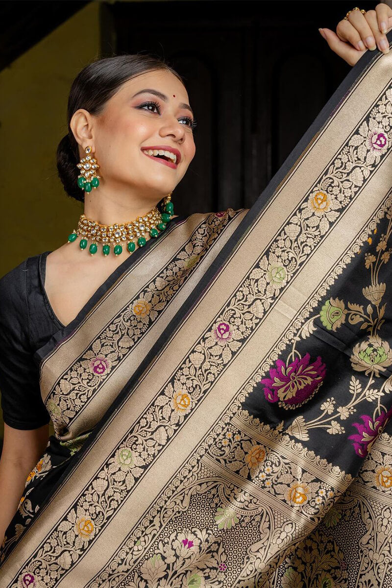 Forbearance Black Soft Silk Saree With Nemesis Blouse Piece