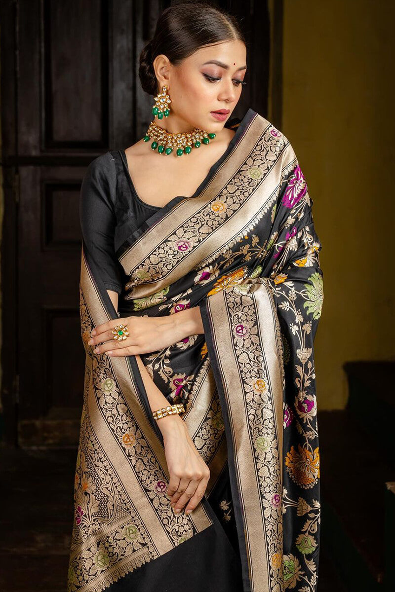 Forbearance Black Soft Silk Saree With Nemesis Blouse Piece