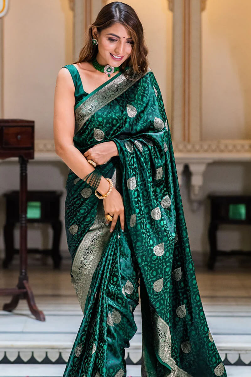 Vestigial Dark Green Soft Silk Saree With Incredible Blouse Piece