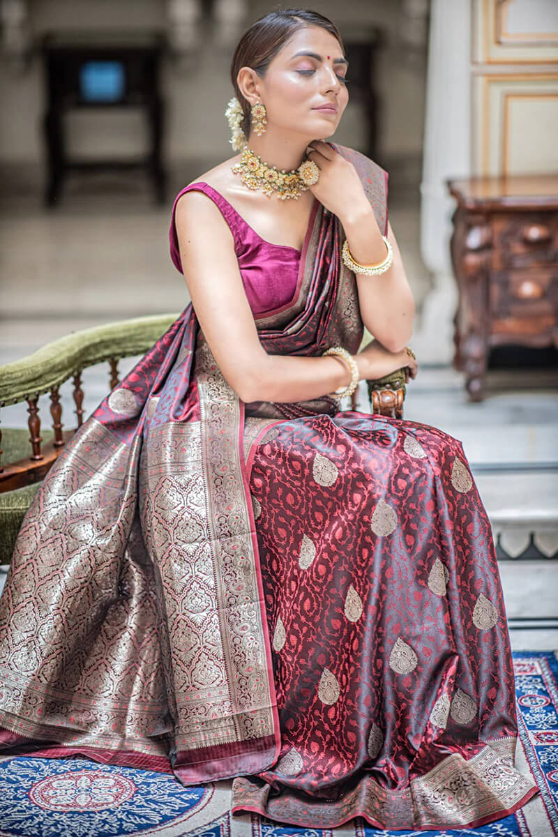 Improbable Maroon Soft Silk Saree With Enigmatic Blouse Piece