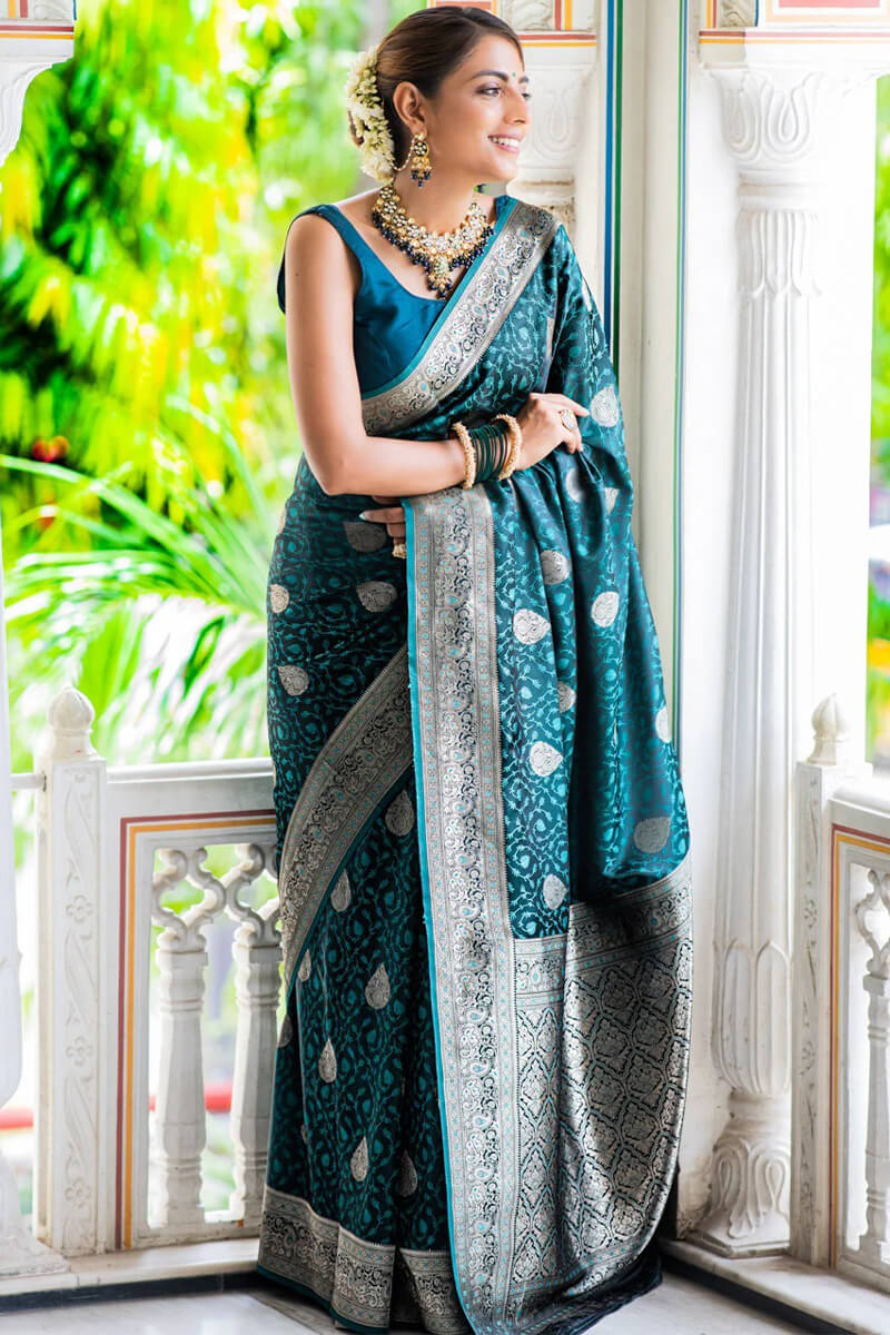 Allure Rama Soft Silk Saree With Rhapsodic Blouse Piece