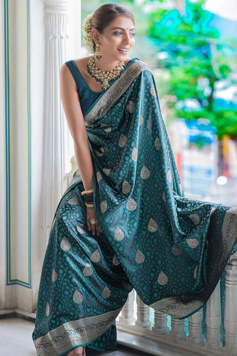 Allure Rama Soft Silk Saree With Rhapsodic Blouse Piece