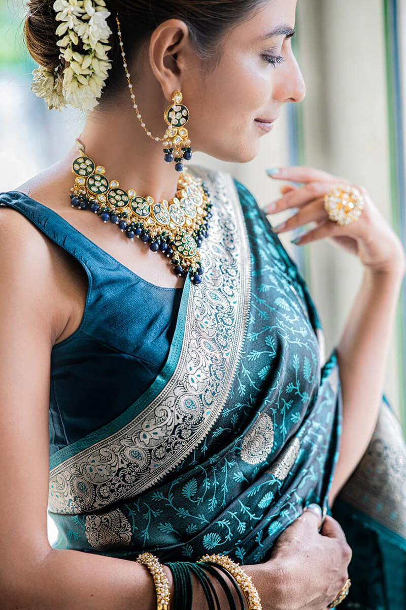 Allure Rama Soft Silk Saree With Rhapsodic Blouse Piece