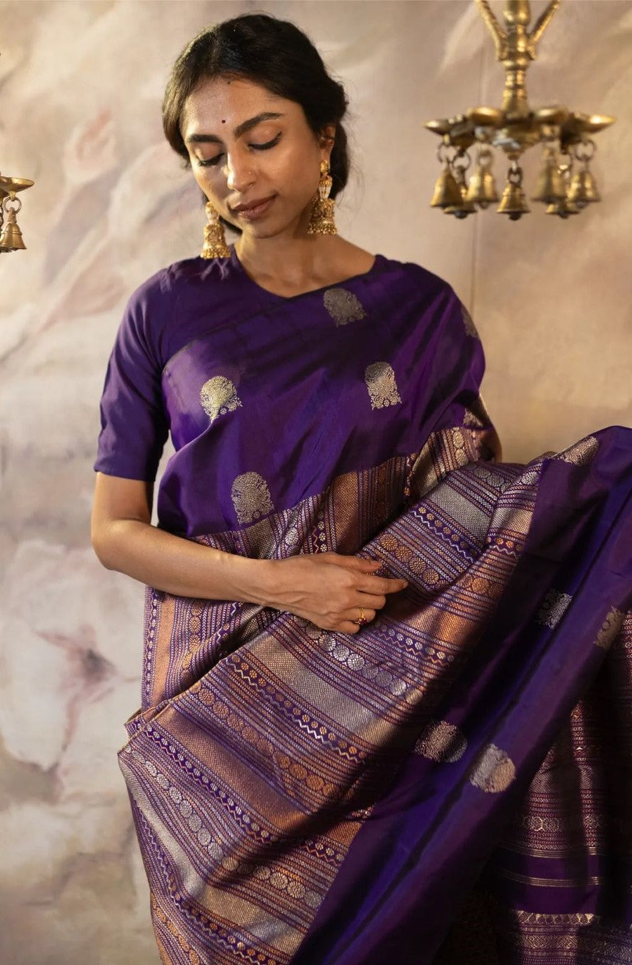 Scintillating Purple Soft Silk Saree With Ornate Blouse Piece