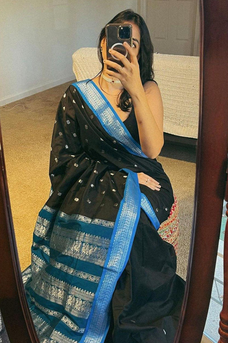 Artistic Black Soft Silk Saree With Devastating Blouse Piece