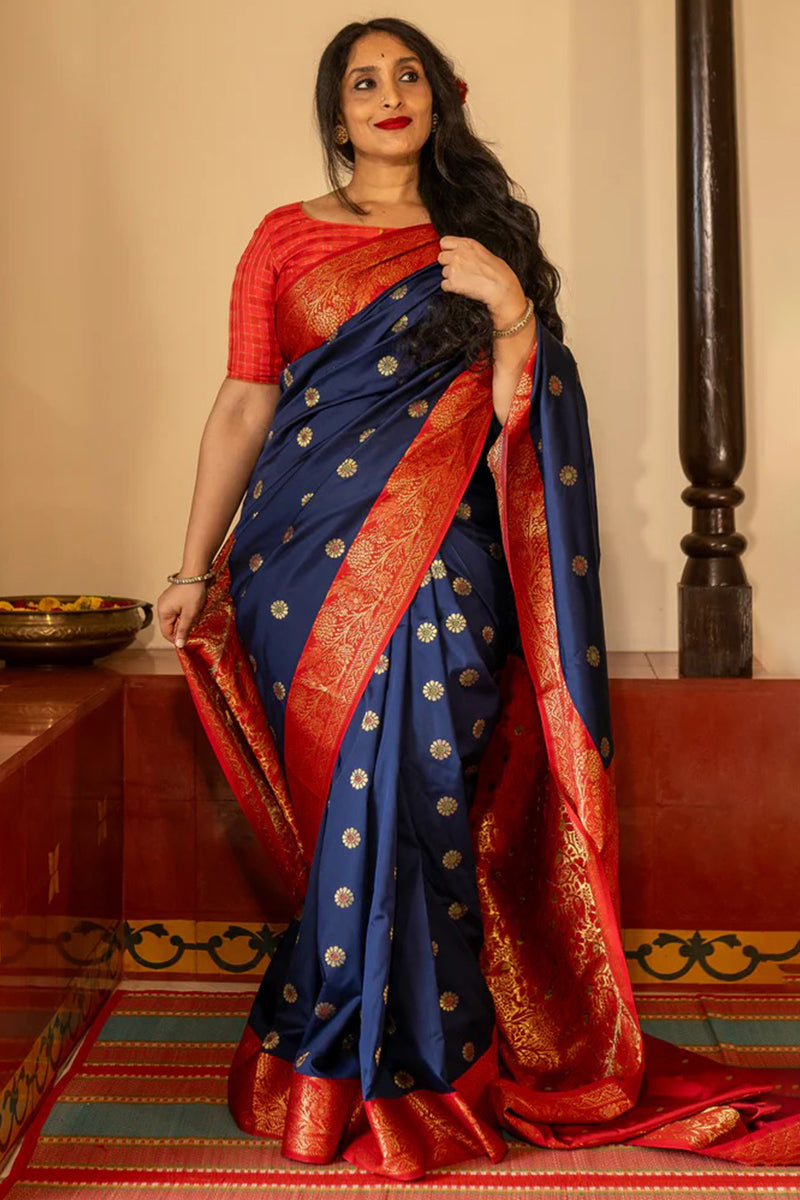 Stylish Navy Blue Soft Silk Saree With Deserving Blouse Piece