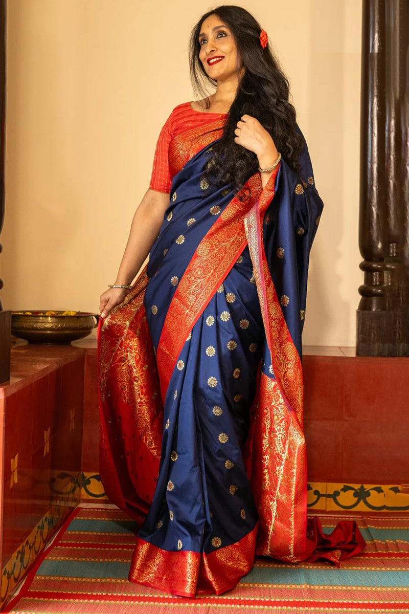 Stylish Navy Blue Soft Silk Saree With Deserving Blouse Piece