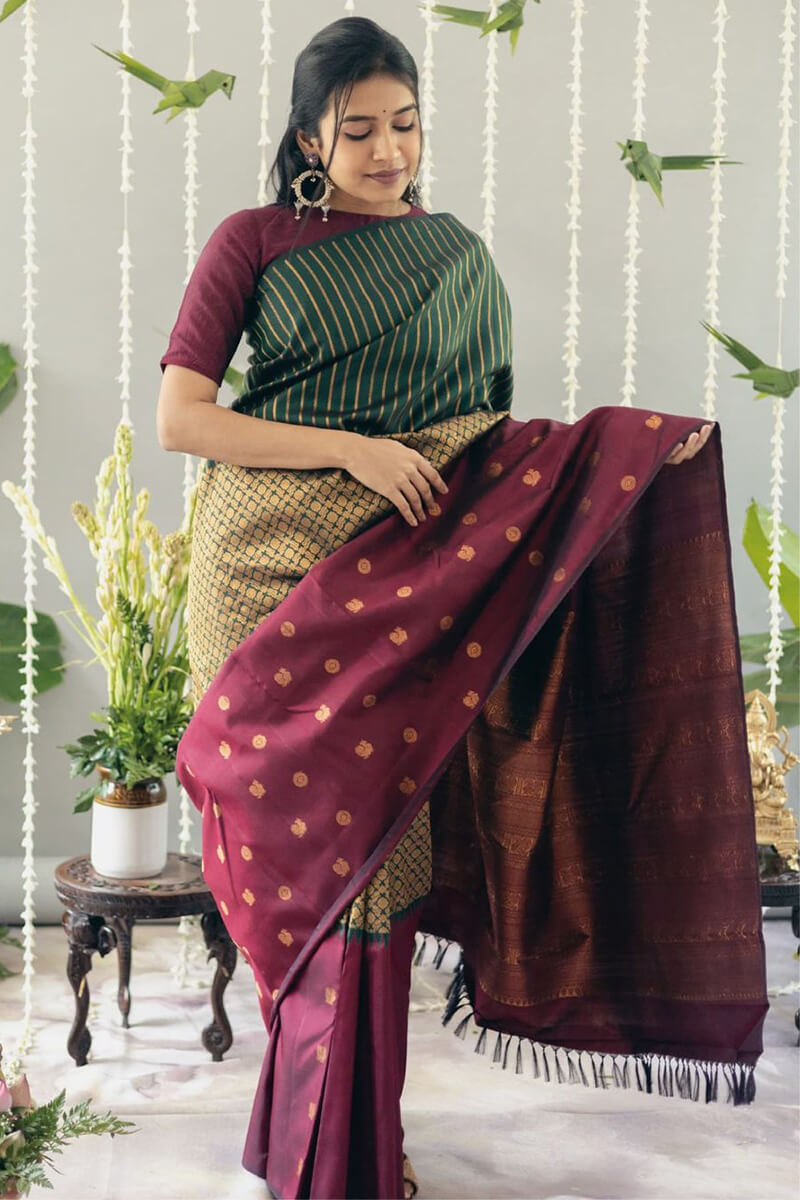 Snappy Wine Soft Silk Saree With Proficient Blouse Pieced