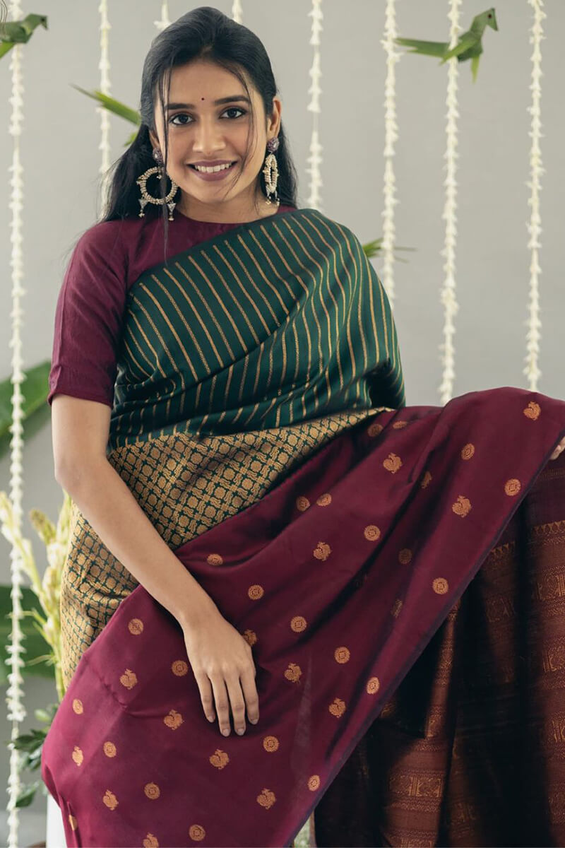 Snappy Wine Soft Silk Saree With Proficient Blouse Pieced