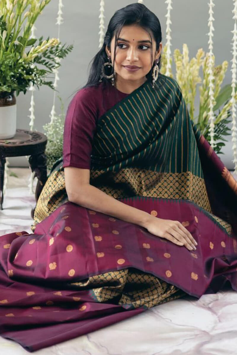 Snappy Wine Soft Silk Saree With Proficient Blouse Pieced